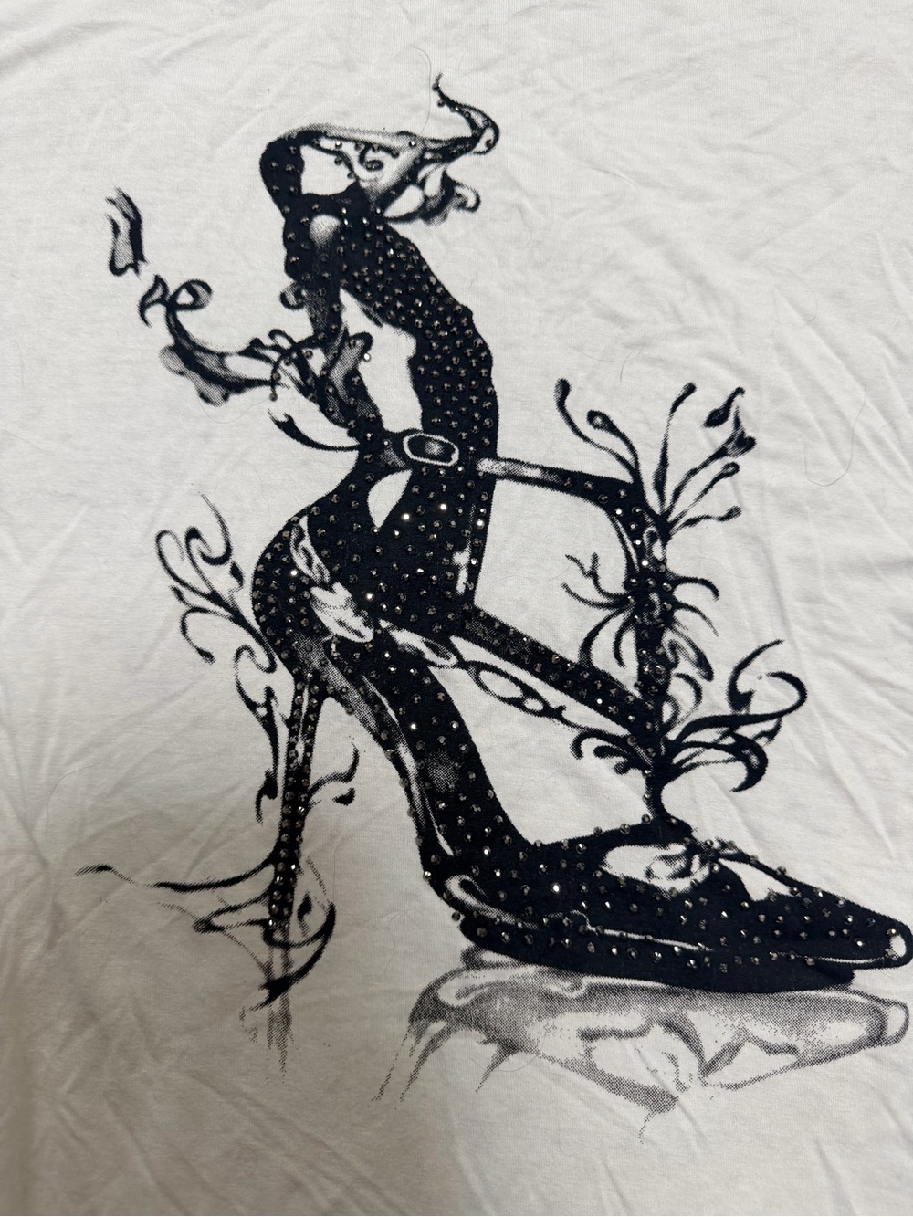QCJ White Rhinestone High Heel Graphic Long Sleeve Top Women’s XL Boutique